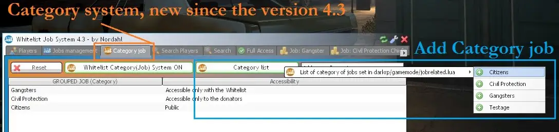 Whitelit job panel on the table: Category Job