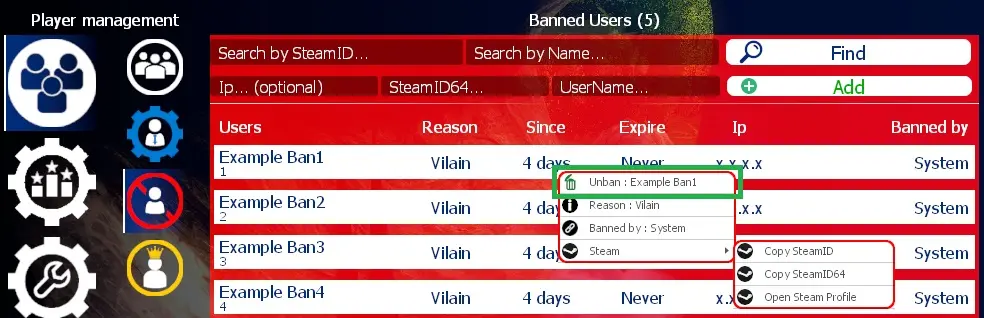 How do I unban a user from the server?