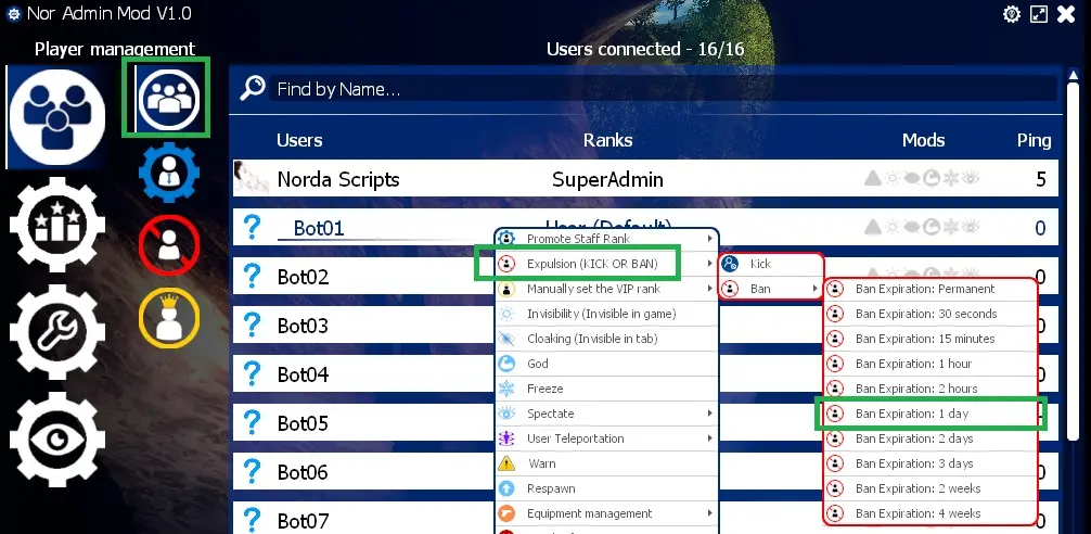 How to ban a user with the administration system?