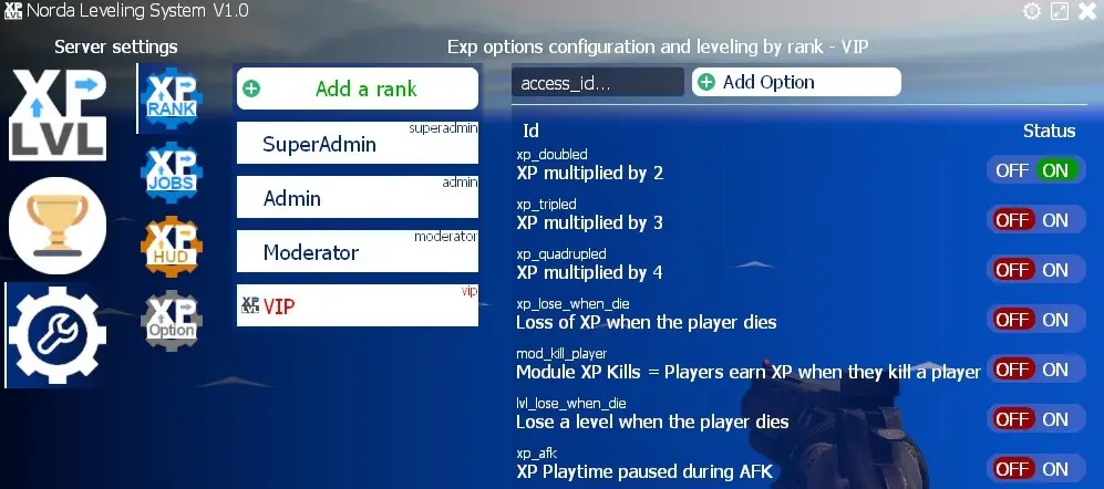 Server settings XP rank