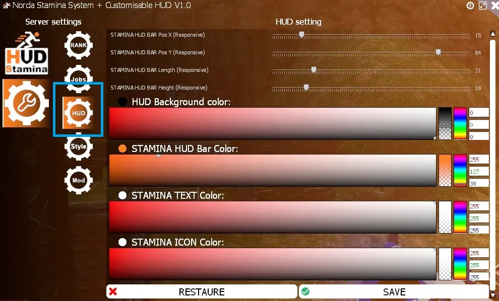 Panel Settings HUD Stamina