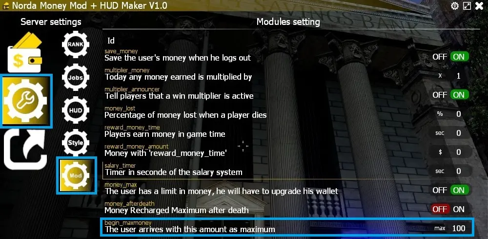 Set start money amount