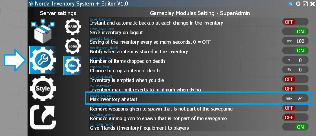 Max inventory at start