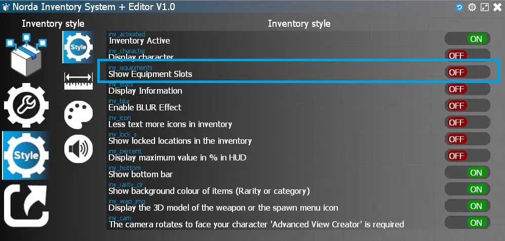 Show equipment slots