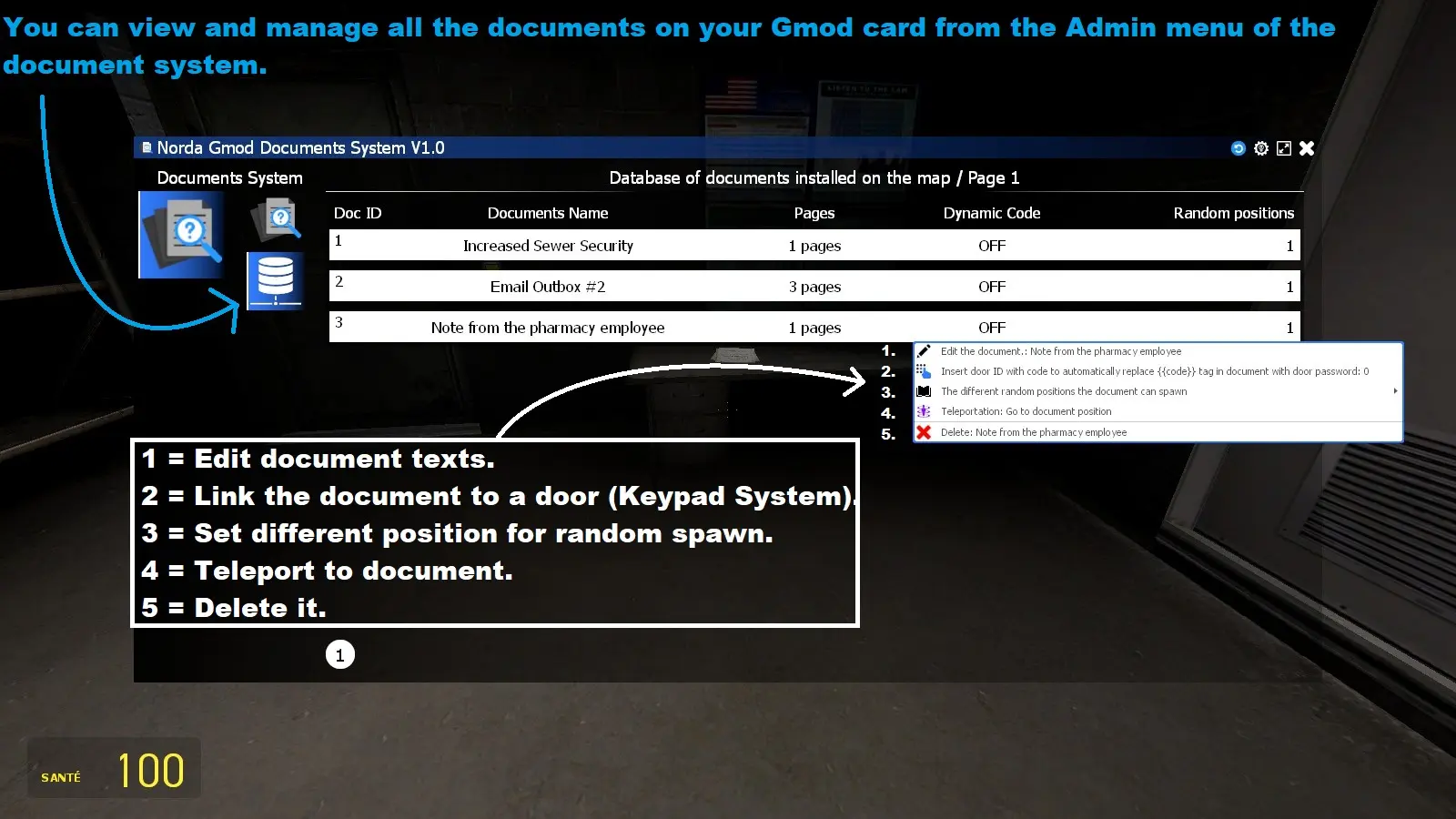 Manage documents on admin menu
