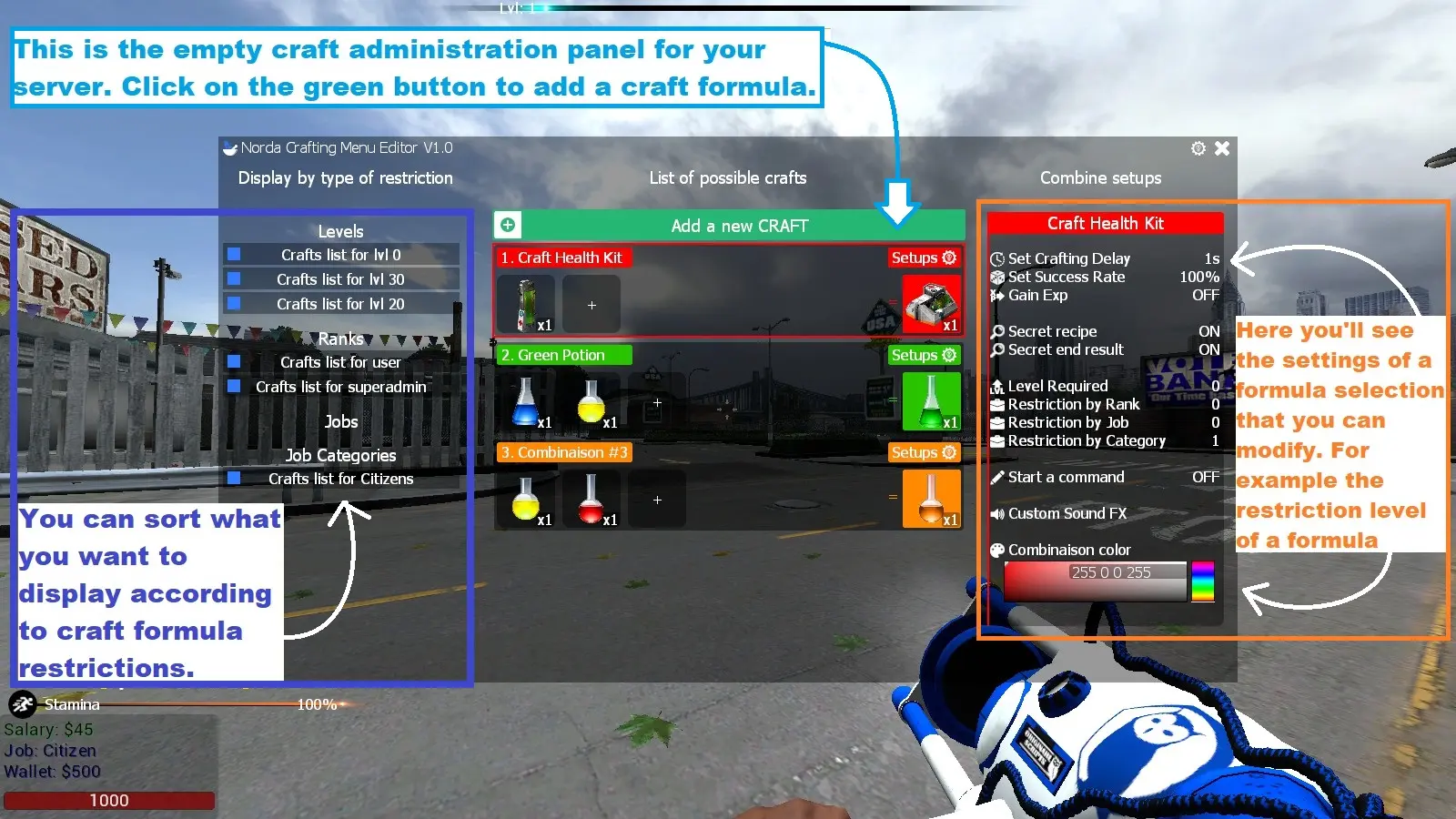 Crafts configuration menu