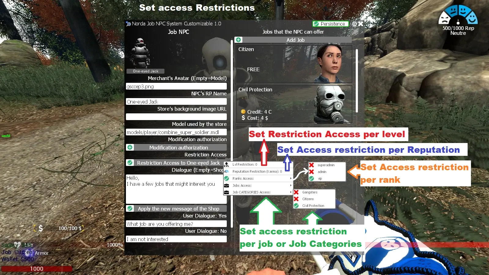 Menu déroulant des restrictions d'accès à un NPC job DarkRP