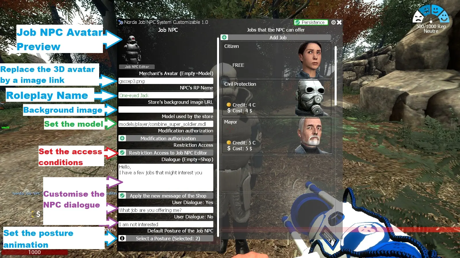 L'interface des variables de customisation par NPC