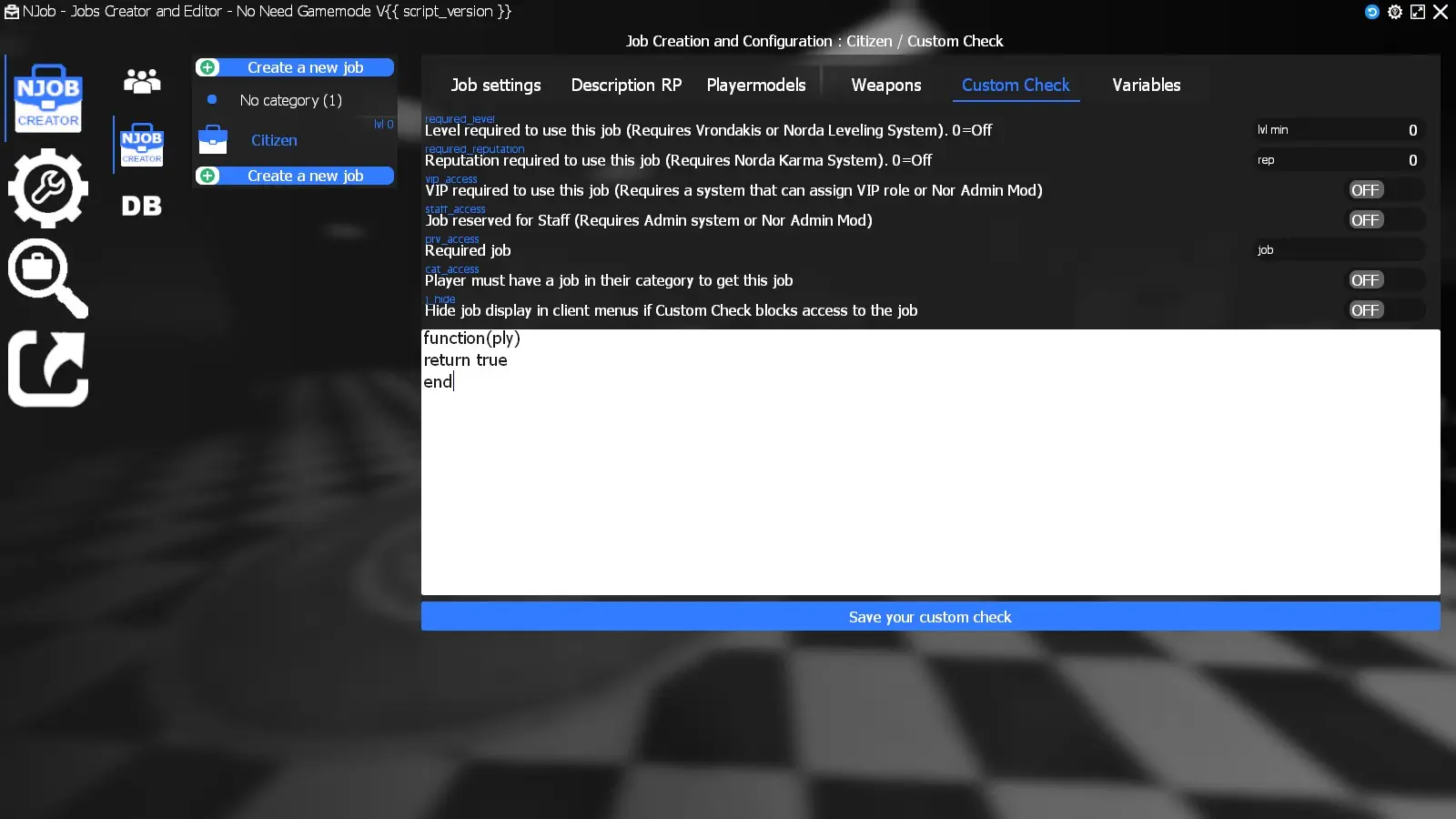Menu de restriction du job