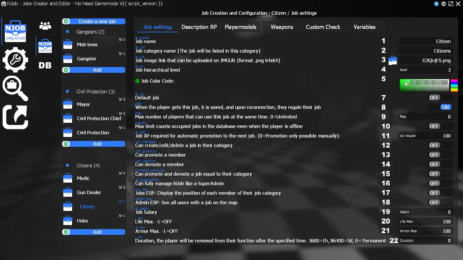 Menu de customisation de job
