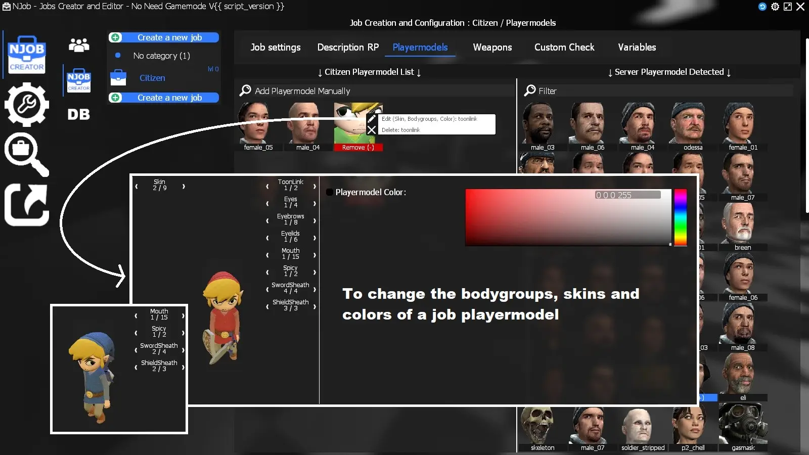Définir les skins et les bodygroups des playermodels d'un job - Gmod
