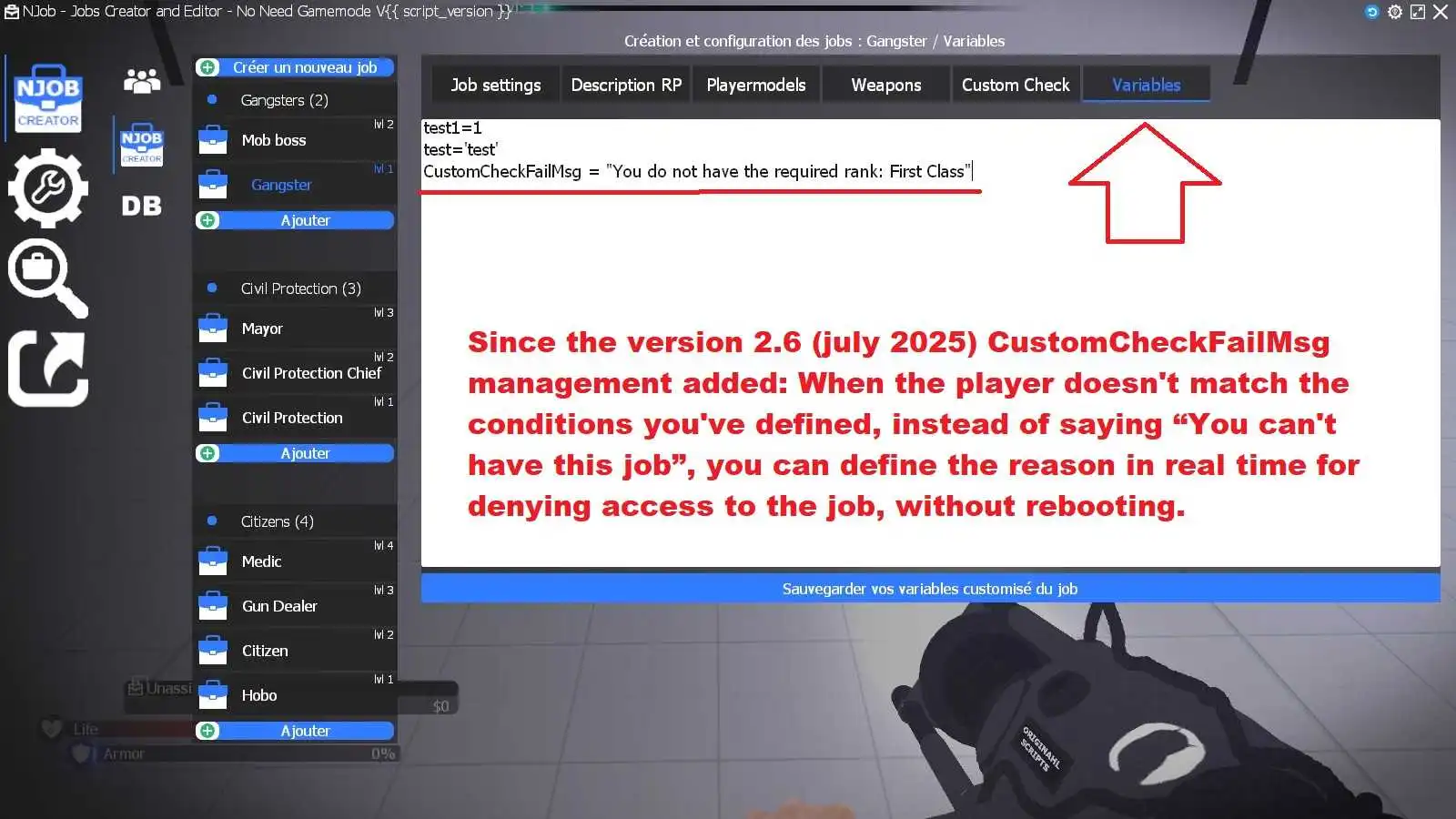 Ajouter un message personnalisé avec CustomCheckFailMsg